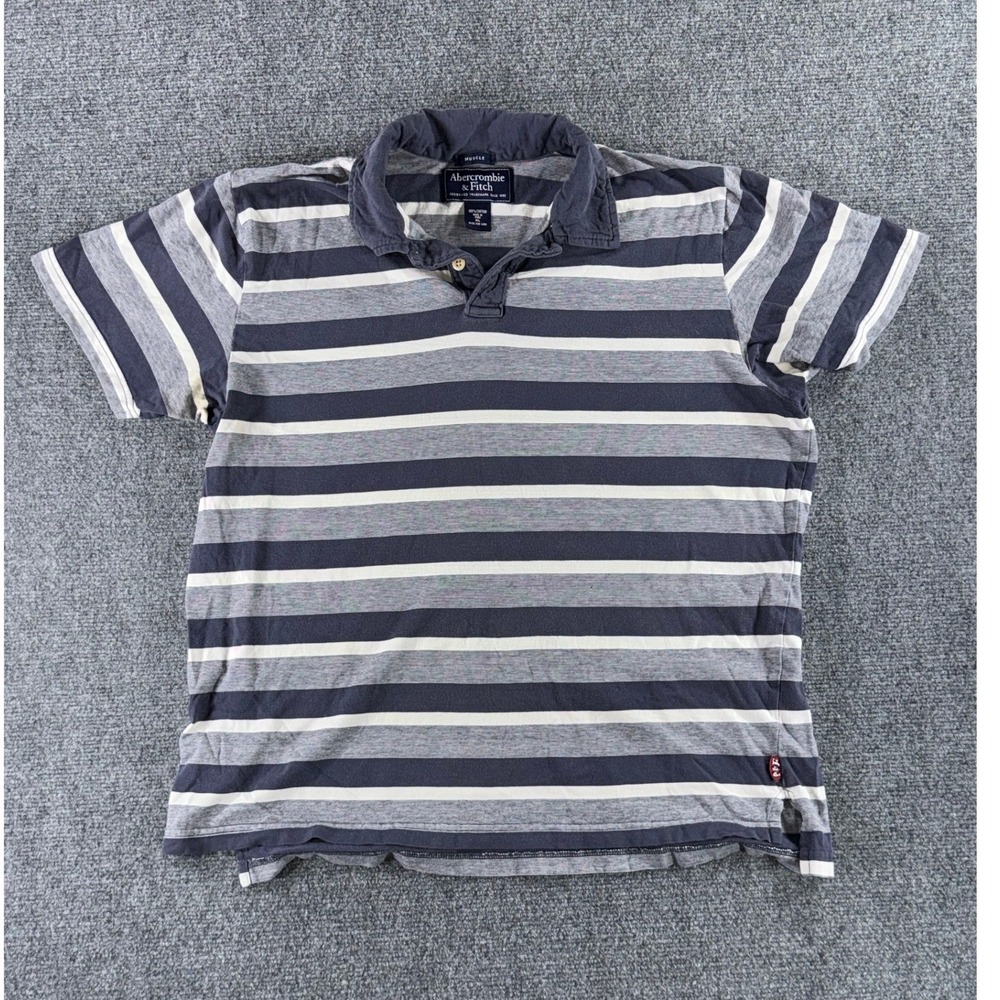 Abercrombie & Fitch Mens XL Muscle Fit Striped Polo Shirt Navy Blue Grey Cotton